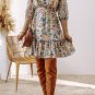 Sky Blue Floral 3/4 Sleeve V Neck High Waist Ruffled Dress