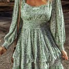 Green Floral Print Square Neck Shirred Waist Tiered Ruffled Mini Dress