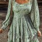 Green Floral Print Square Neck Shirred Waist Tiered Ruffled Mini Dress