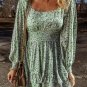 Green Floral Print Square Neck Shirred Waist Tiered Ruffled Mini Dress