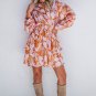 Brown Floral Puff Sleeve Smocked Waist Layered Dress