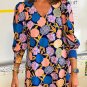 Navy Blue Hydrangea Floral Print Bishop Sleeve V Neck Shift Dress