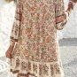 Apricot Floral Print Tassel Drawstring V Neck Loose Mini Dress