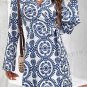 Blue Floral Print V Neck Wrapped Knot Long Sleeve Dress