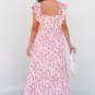 Pink Floral Print Square Neck Ruffled Strap Maxi Dress