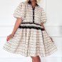 Black Boho Floral Striped Contrast Trim Bubble Sleeve Flared Dress