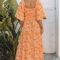 Orange Floral Print Smocked V Neck Wide Sleeve Maxi Dress