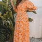 Orange Floral Print Smocked V Neck Wide Sleeve Maxi Dress