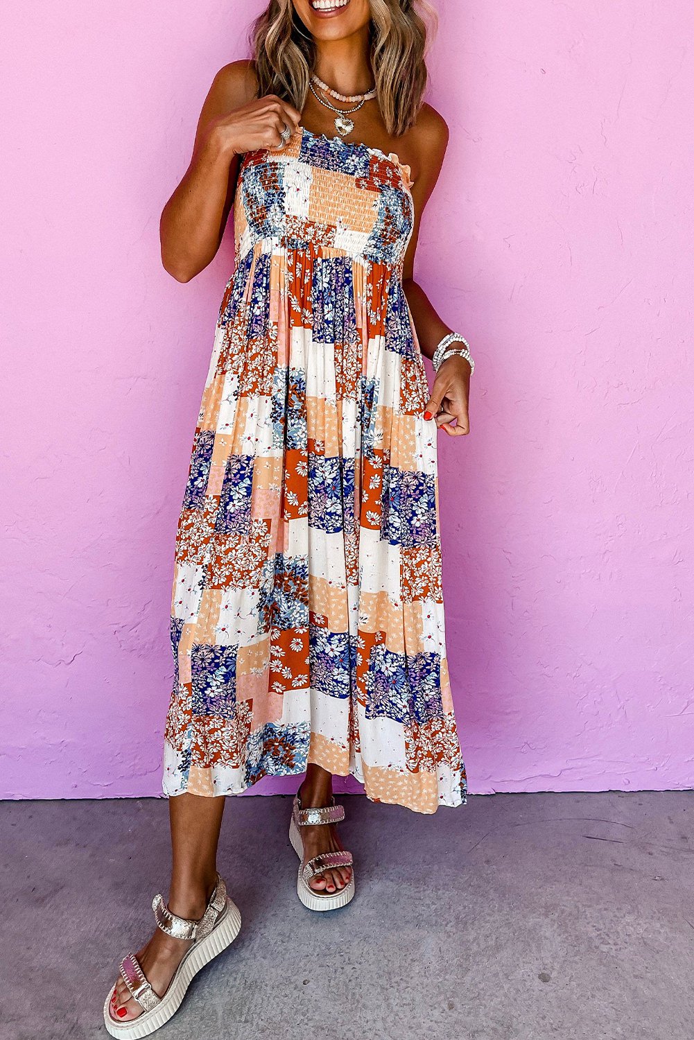 Orange Floral Patchwork Frilled Bandeau Smocked High Waist Long Dress