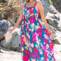 Dark Blue Floral High Waist Sleeveless Flared Long Dress