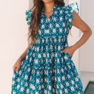 Blue Retro Floral Print Split Neck Ruffle Short Sleeve Dress
