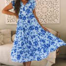 Sky Blue Floral Print Tiered Frilled Trim Flutter Sleeve Maxi Dress
