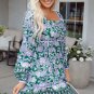 Green Floral Print Piping Trim Bubble Sleeve Square Neck Dress