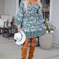Green Floral Print Piping Trim Bubble Sleeve Square Neck Dress