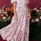 Pink Floral Puff Sleeve Square Neck Empire Waist Tiered Maxi Dress