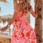 Red Floral Spaghetti Strap Surplice Neck Shirred Waist Mini Dress