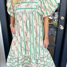 Multicolour Striped Floral Print Tie Split Neck Puff Sleeve Midi Dress