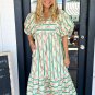 Multicolour Striped Floral Print Tie Split Neck Puff Sleeve Midi Dress