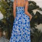 Blue Floral Printed Spaghetti Strap Maxi Dress with Waist Tie