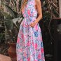 Sky Blue Floral Printed Sleeveless O Neck Knot Waist Maxi Dress