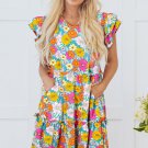 Sky Blue Floral Print Smocked Notch V Neck Flutter Sleeve Mini Dress