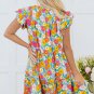 Sky Blue Floral Print Smocked Notch V Neck Flutter Sleeve Mini Dress