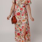 Multicolour Vintage Floral V Neck Short Sleeve Tie Back Long Slit Dress