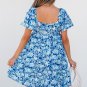 Blue Floral Puff Sleeve Babydoll Mini Dress