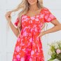 Red Floral Bubble Sleeve Sweetheart Neck Ruffled Mini Dress