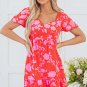 Red Floral Bubble Sleeve Sweetheart Neck Ruffled Mini Dress