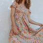 Sky Blue Floral Bubble Sleeve Smocked Flowy Ruffle Dress