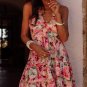 Pink Floral Sleeveless Halter Neck Shirred Back Ruffled Mini Dress