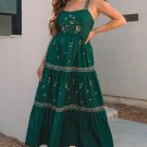 Blackish Green Floral Smocked Back Tied Straps Tiered Maxi Dress