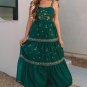 Blackish Green Floral Smocked Back Tied Straps Tiered Maxi Dress