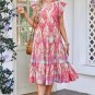 Rose Tribal Paisley Print Ruffled Sleeve Notch Neck Midi Dress