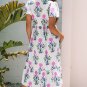 White Floral Puff Short Sleeve V Neck High Waist Maxi Dress