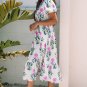 White Floral Puff Short Sleeve V Neck High Waist Maxi Dress