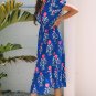 Sky Blue Floral Puff Short Sleeve V Neck High Waist Maxi Dress