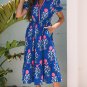 Sky Blue Floral Puff Short Sleeve V Neck High Waist Maxi Dress