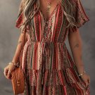Red Bohemian Floral Print Buttoned V Neck Ruffle Tiered Dress