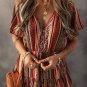 Red Bohemian Floral Print Buttoned V Neck Ruffle Tiered Dress