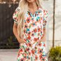 Orange Contrast Trim Floral Split Neck Puff Short Sleeve Tiered Mini Dress
