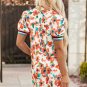 Orange Contrast Trim Floral Split Neck Puff Short Sleeve Tiered Mini Dress