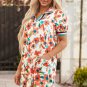 Orange Contrast Trim Floral Split Neck Puff Short Sleeve Tiered Mini Dress