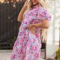 Pink Floral Collared Half Placket Short Sleeve Loose Dress