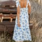 Sky Blue Floral Print Shirred Knot Shoulder Sleeveless Long Dress