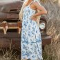 Sky Blue Floral Print Shirred Knot Shoulder Sleeveless Long Dress