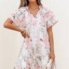 Pink Floral Contrast Edge Layered Short Sleeve Mini Dress