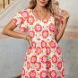 Rose Floral Print Square Neck Lace up Back Ruffled Sleeve Dress