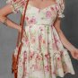 White Vibrant Floral Bubble Sleeve Sweetheart Neck Ruffle Mini Dress